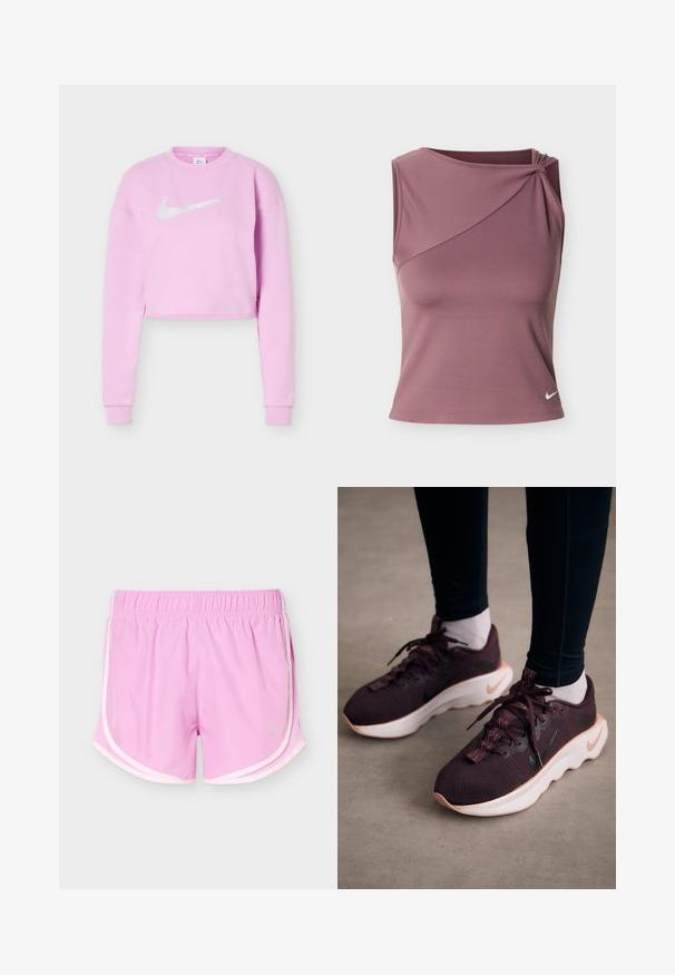 Hele lilla lühike dressipluus pikkade varrukatega ja valge Nike Swoosh logoga rinnal keskel.; Varrukateta lilla sportlik top asümmeetrilise kaelusega ja väike valge Nike logo vasaku alumise külje peal.; Roosad spordipüksid elastse vöökohaga ja valgete äärtega, kerged võrgust küljeosad ning väike helkurlogo ees.; Tumesinis spordijalatsid tekstuurse kudumülemise, valge tallaga ja musta Nike logoga. Omavad ümarad paelad ja mustrilisi paelaauke.