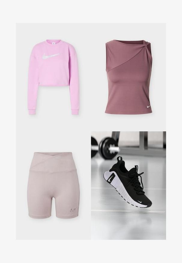 Sweat-shirt court violette claire avec manches longues et logo Nike swoosh blanc centré sur la poitrine.; Haut de sport sans manches mauve avec encolure asymétrique et petit logo Nike blanc en bas à gauche.; Shorts ajustés taille haute couleur mauve clair avec un détail de ceinture croisée et un petit logo Nike sur la partie inférieure de la jambe gauche.; Chaussure de sport noire avec une tige en tissu texturé, une semelle blanche et un système de laçage prononcé. Présente un logo Nike et un design doux et rembourré.