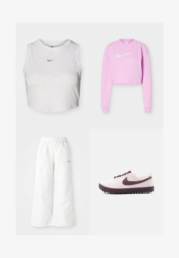 Svetlofialová krátka mikina s dlhými rukávmi a bielym logom Nike swoosh umiestneným v strede na hrudi.; Biely crop top vyrobený z jemnej, textúrovanej látky. Má okrúhly výstrih a bezrukávový dizajn so malým zlatým logom Nike na prednej strane.; Biele športové nohavice so širokým strihom, elastickým pásom a malým čiernym logom Nike na ľavej strane. Hladký, ľahký materiál.; Nízko profilová biela teniska s tmavofialovým logom Nike, šnúrkami a podrážkou, s jemným kvetinovým vzorom na bočnej strane.