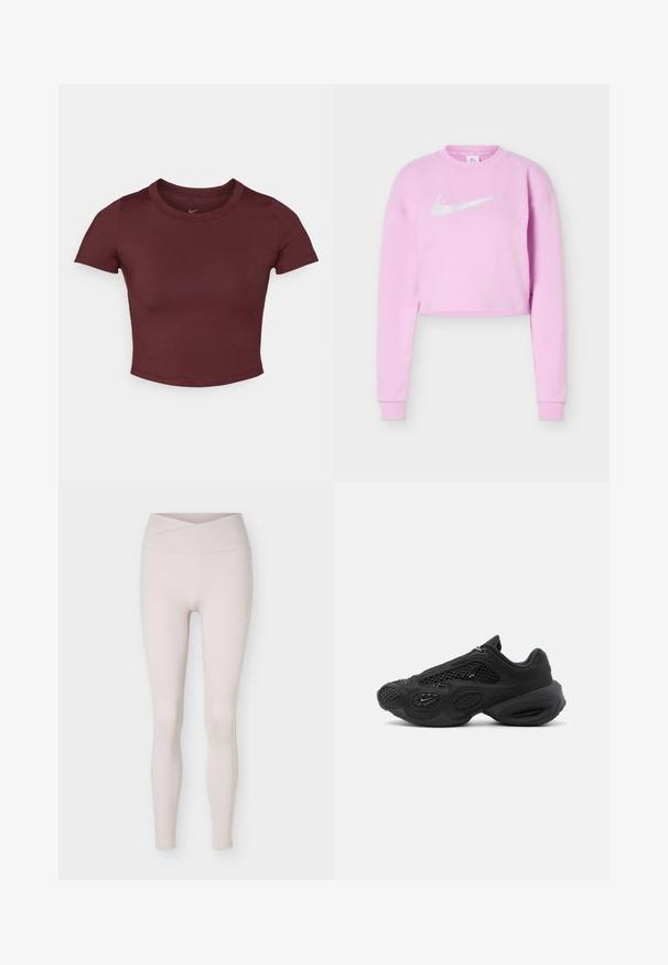 Svetlofialová krátka mikina s dlhými rukávmi a bielym logom Nike swoosh umiestneným v strede na hrudi.; Marónová cropped tričko z hladkej elastickej látky. Má krátke rukávy a okrúhly výstrih, s nenápadným logom na hrudi.; Svetlo béžové legíny s vysokým pásom bez švov, s detailom prekrytia pásu, zobrazené na bielom pozadí.; Čierna športová teniska s sieťovanými panelmi, hrubou polstrovanou podrážkou a malým logom swoosh na boku, odfotená na jednoduchom pozadí.