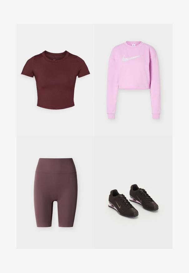 Hellvioletter Cropped-Sweatshirt mit langen Ärmeln und einem weißen Nike Swoosh-Logo mittig auf der Brust.; Bordeauxfarbene kurze T-Shirt aus glattem Stretchstoff. Es hat kurze Ärmel und einen runden Ausschnitt, mit einem dezenten Logo auf der Brust.; Hoch taillierte Fahrradshorts in tiefem Burgunderrot aus dehnbarem Stoff. Sie zeichnen sich durch eine glatte Textur und keine sichtbaren Nähte für einen schlanken Look aus.; Schwarze Sportschuhe mit einer strukturierten Oberseite, braunen Akzenten und einer lila luftgepolsterten Sohle. Schnürdesign mit auffälliger Markenkennzeichnung.