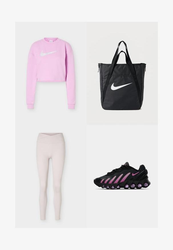 Lyse lilla cropped sweatshirt med lange ærmer og et hvidt Nike swoosh-logo centreret på brystet.; Lyse beige, sømløse leggings med høj talje og et krydset taljebåndsdetalje, vist fladt mod en hvid baggrund.; Sorte og lyserøde Nike sneakers med en mesh-overdel, buet design og rund lilla dæmpning i sålen og på siderne.; Sort nylon shopper med to skulderstropper, med en stor hvid Nike-logo, lynlås og et strømlinet rektangulært design.
