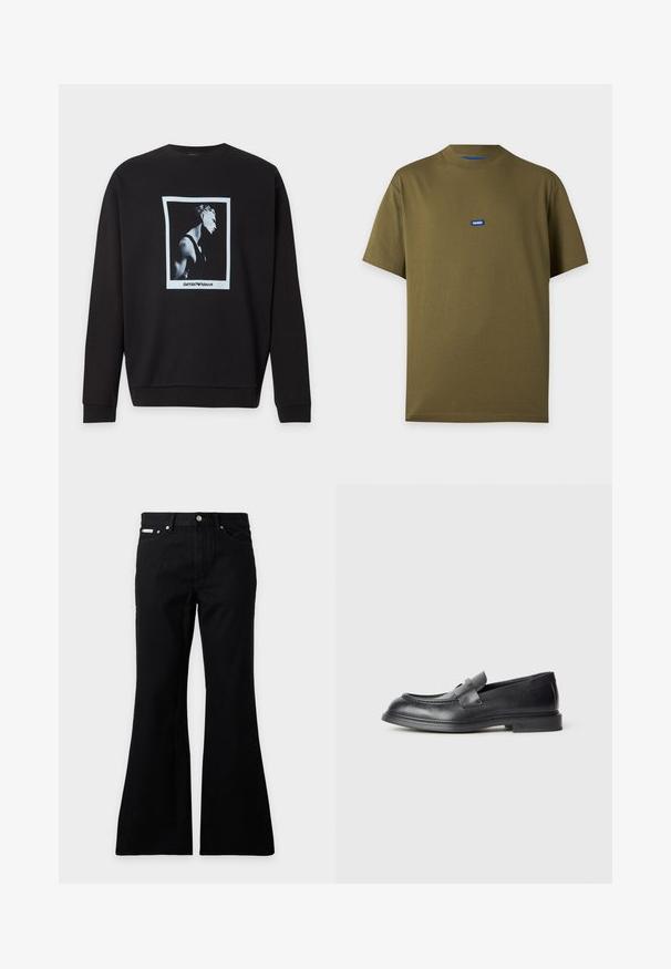 Sudadera negra de manga larga con una foto de perfil en blanco y negro de un hombre centrada dentro de un marco blanco y texto "EMPORIO ARMANI" debajo.; Camiseta de manga corta en verde oliva lisa con un pequeño parche de logo rectangular azul con el texto "HUGO" centrado en el pecho.; Vaqueros negros de cintura alta con pierna acampanada, cierre frontal de botón y cremallera, y bolsillos delanteros y traseros.; Mocasines de cuero negro con acabado texturizado, que cuentan con una correa decorativa en la parte delantera y punta redondeada. Suela de goma para mayor durabilidad.