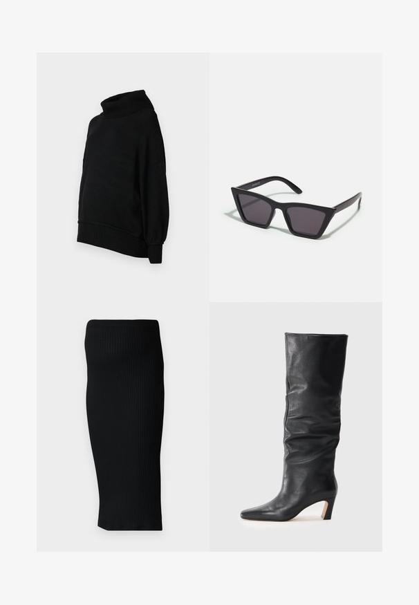 Sort turtleneck sweater med en afslappet pasform, ribbet tekstur og ballonærmer. Fremstillet af blødt stof med en kant, der rammer ved taljen.; Sort ribbet strik midi-nederdel med en tætsiddende silhuet og en bred taljeelastik. Glat tekstur, ingen synlige mønstre eller accenter.; Sorte læderstøvler med hæl til midt på læggen, med en let skrånet skaft og spids tå på en lys baggrund.; Sorte, kantede solbriller med grå linser; lavet af plast, med tykke stænger med en glat overflade og ingen synlig hardware.
