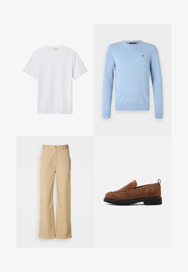 Lyseblå V-udskæring sweater lavet af blødt stof, med et lille logo på brystet og ribkanter ved ærmer og nederkant for ekstra tekstur.; Hvidt ensfarvet T-shirt med korte ærmer og rund hals, med lille præget logo på venstre bryst og mærke indeni kraven.; Beige, vidde bukser lavet af en bomuldsblanding. Har en knaplukning og bæltestropper. Glat tekstur med minimale syninger.; Brune ruskind slip-on sko med rund tå, sort gummisål og en lille hæl. Har dekorativ syning på overdelen.