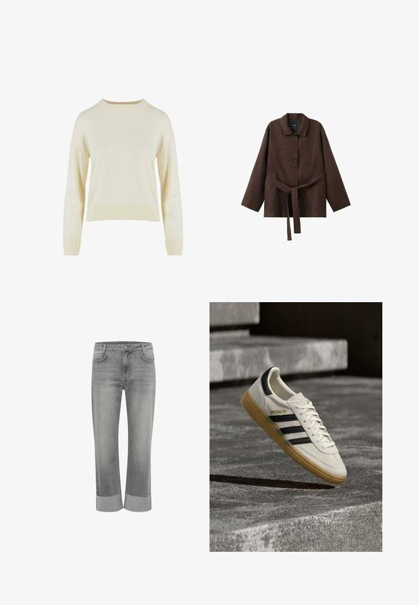Lyscreme sweater med rund hals, lange ærmer, cropped pasform samt ribbede manchetter og kant, lavet af et blødt, glat strikmateriale.; Mørkebrun langærmet jakke med krave, to knapper og et matchende bælte i stof bundet om taljen.; Grå denim jeans med lige ben, med foldet kant. Klassisk fem-lommestil og lukning med knap foran.; Hvid Adidas Spezial sneaker med sorte striber og gummisål, svævende over grå stentrin udendørs.