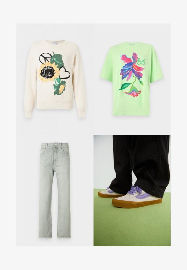 Pull tricoté blanc avec un grand tournesol, des feuilles vertes, un symbole de paix noir et un cœur contour noir à l'avant.; T-shirt vert clair à manches courtes avec un grand imprimé floral abstrait coloré en rose, bleu, violet et vert, et texte en cursive près des pétales.; Jean en denim gris clair avec une coupe droite, cinq poches et une fermeture à boutons sur le devant. Texture douce et design minimaliste.; Baskets beige clair avec des accents violets, semelle en caoutchouc, et lacets plats. Portées avec un pantalon noir, présentées sur une surface texturée verte.