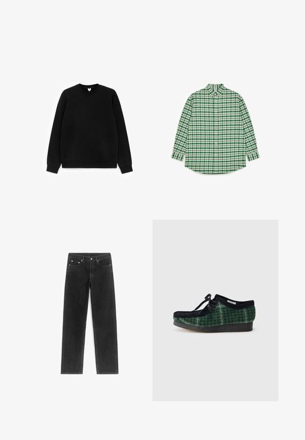 Schwarzes Sweatshirt aus weichem Material, mit Rundhalsausschnitt, langen Ärmeln und gerippten Bündchen sowie subtilen Details an den Schultern.; Grün-weiß kariertes Hemd zum Knöpfen, mit langen Ärmeln, Kragen, abgerundetem Saum, gleichmäßigem Karomuster und dezenter Textur.; Schwarze Jeans aus Denim mit geradem Schnitt, Fünf-Taschen-Design, silbernen Hardware-Elementen und sichtbaren Nähten. Glatte Textur über die gesamte Oberfläche.; Grüne und schwarze gemusterte Schuhe mit einem Obermaterial aus Wildleder, runder Zehenform, Schnürsenkeln und einer strukturierten Gummisohle.