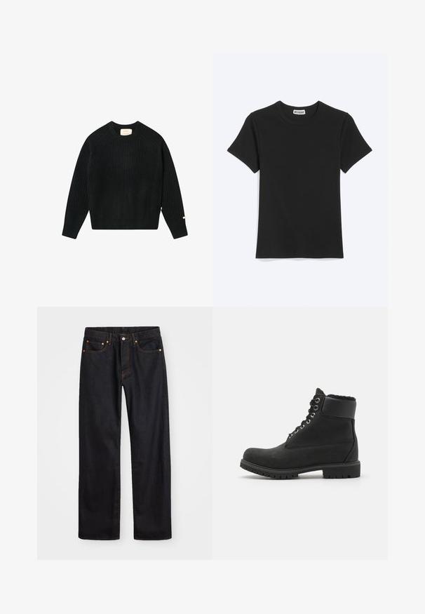Zwarte geribbelde gebreide lange mouw sweater met ronde hals, zichtbare stiksels langs de schouders en kleine stoffen labels op de manchet en zijnaad.; Effen zwart T-shirt met korte mouwen en een ronde hals met een Weekday-merklabel in de kraag, getoond op een witte achtergrond.; Heren straight-leg zwarte denim jeans met vijf zakken en oranje stiksels, knoop- en ritssluiting op de voorkant van de tailleband.; Zwarte enkelboot van suede met een rubberen zool, voorzien van metalen oogjes, veters en een zachte nepbontkraag rondom de bovenkant.