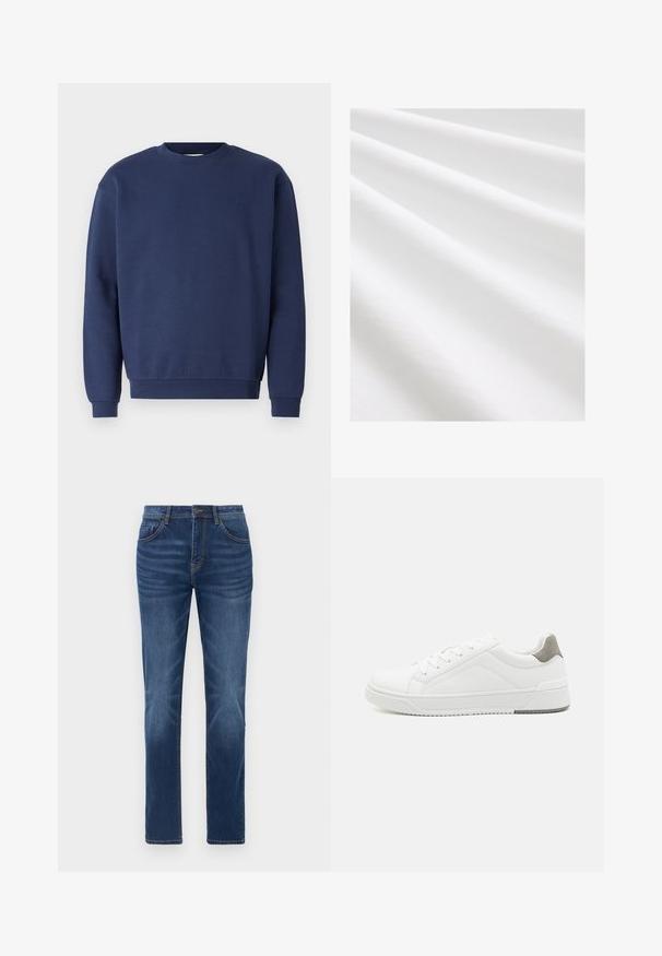 Marineblaues Sweatshirt aus weichem Stoff, mit rundem Ausschnitt und gerippten Bündchen. Enthält ein dezentes Logo auf der Brust.; Baumwollstoff, weiße Farbe, glatte Textur mit subtilen Falten und Knicken. Gleichmäßige Oberfläche, leicht reflektierend, ohne Muster oder Akzente.; Dunkelblaue Denim-Jeans mit klassischem gerade geschnittenem Schnitt, Fünf-Taschen-Design und leichtem Verblassen an den Beinen. Mit Knopf- und Reißverschluss.; Weißer Sneaker aus glattem Leder, runde Zehenpartie, minimalistisches Design, graue Fersenkante und strukturierte Gummisohle.