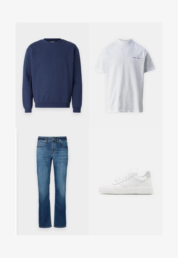 Marineblaues Sweatshirt aus weichem Stoff, mit rundem Ausschnitt und gerippten Bündchen. Enthält ein dezentes Logo auf der Brust.; Weißes Baumwoll-T-Shirt mit hohem Ausschnitt und kurzen Ärmeln. Mit schwarzem "SAMSØE SAMSØE" Logo auf der Vorderseite. Glatte Textur.; Blaue Jeans aus Denim mit geradem Bein, fünf Taschen, leichter Verwaschung und kupferfarbenen Nähten. Mit einem normalen Bündchen vollendet.; Weiße Leder-Sneaker mit glatter Oberfläche, rundem Zehenbereich, flachen Schnürsenkeln und strukturiertem Schuhsohlen. Graues Wildleder-Detail an der Ferse.