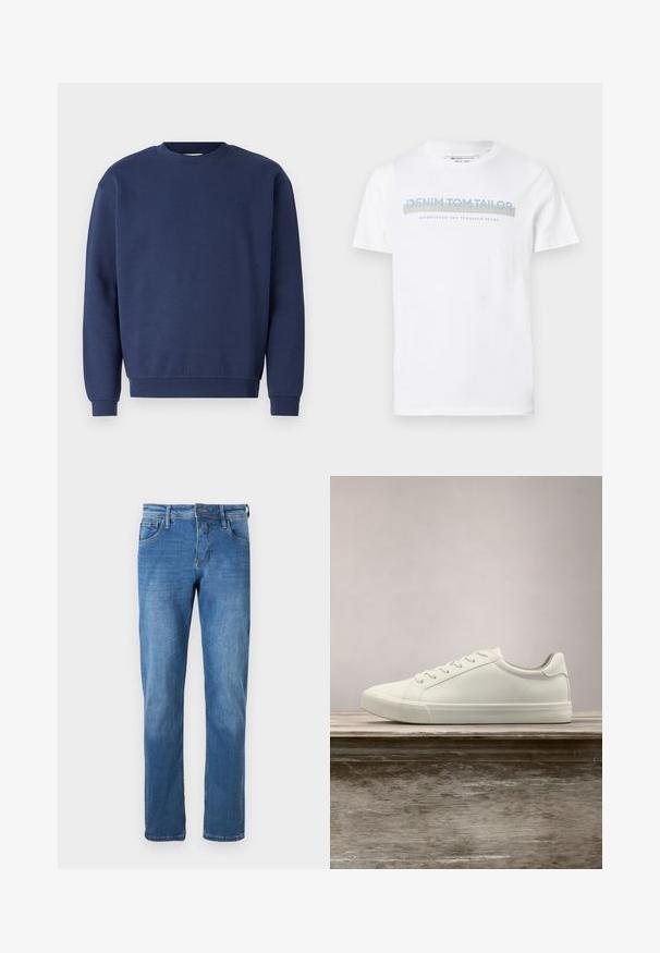 Navyblauwe sweatshirt van zacht materiaal, met een ronde halslijn en geribbelde manchetten. Bevat een subtiele logo op de borst.; Witte katoenen T-shirt met een ronde hals, korte mouwen en een blauw grafisch tekstontwerp met de tekst "DENIM TOM TAILOR opgericht 2007."; Denim jeans in medium blue met een rechte snit. Voorzien van vijf zakken, een knoopsluiting en zichtbare stikseldetails langs de naden.; Witte vetersneaker die boven een houten bank zweeft met groene bladeren op de achtergrond, waarbij het ontwerp en de textuur van de schoen worden getoond.