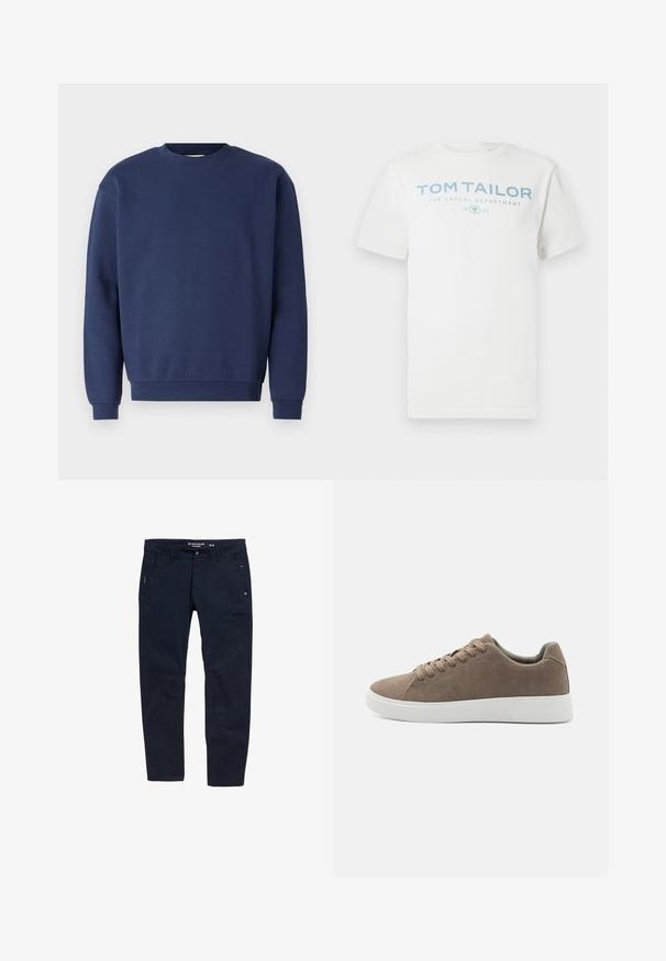Marineblå sweatshirt lavet af blødt stof, med rund halsudskæring og ribbede manchetter. Indeholder et diskret logo på brystet.; Hvid bomulds-T-shirt med et lyseblåt print med teksten "TOM TAILOR," "THE CASUAL DEPARTMENT" og "1962." Klassisk rund halsudskæring og korte ærmer.; Mørkeblå bukser lavet af bomuld med lige snit. Har to sidelommer og knaplukning. Minimalistisk design med subtile detaljer.; Brune ruskinds sneakers med flade hvide gummisåler, snørelukning, rund tå og en glat overflade. Minimalistisk stil med diskrete syninger.