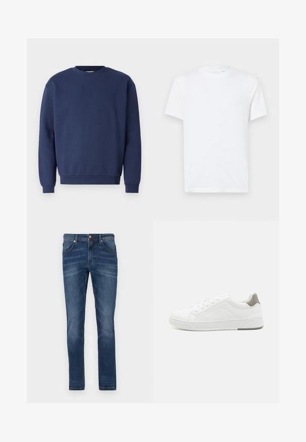 Marineblå sweatshirt lavet af blødt stof, med rund halsudskæring og ribbede manchetter. Indeholder et diskret logo på brystet.; Hvid bomulds t-shirt med rund halsudskæring og korte ærmer. Har et lille, præget logo på venstre bryst. Glat tekstur.; Mørkeblå denim jeans med lige ben, fem lommer, subtile blegetoner, kontrastsyet og knaplukning i taljen.; Hvid sneaker lavet af glat læder, rund tå, minimalistisk design, grå hælafsats og tekstureret gummisål.