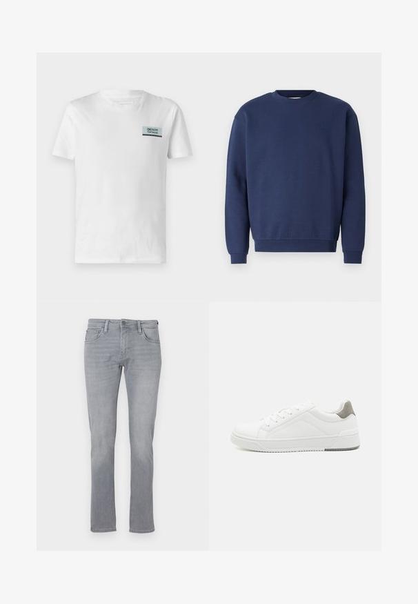 Sudadera azul marino de tela suave, con un escote redondo y puños acanalados. Incluye un logo sutil en el pecho.; Camiseta de algodón blanca con un pequeño parche de logo azul y negro en el pecho. El diseño es simple, con cuello redondo y mangas cortas.; Jeans de mezclilla gris con corte recto, que cuentan con un cierre frontal de botón y cremallera, cinco bolsillos y un ligero desgaste en toda la prenda.; Zapatilla blanca con material de cuero liso, punta redonda, diseño minimalista, acento gris en el talón y suela de goma texturizada.