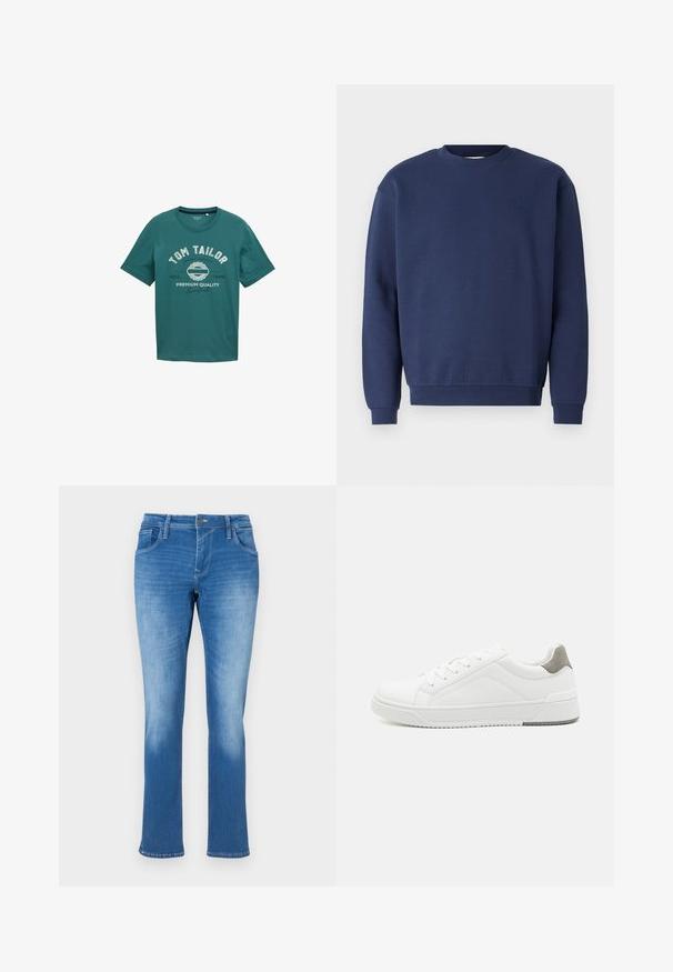 Navyblauwe sweatshirt van zacht materiaal, met een ronde halslijn en geribbelde manchetten. Bevat een subtiele logo op de borst.; Teal kort-sleeve t-shirt van katoen met een ronde halslijn en witte bedrukte tekst "TOM TAILOR" en ontwerpelementen aan de voorkant.; Blauwe denim jeans met een rechte pijp, uitgerust met vijf zakken, een ritssluiting en contrasterende stiksels. De stof heeft een gemiddelde wassing met vervaging.; Witte sneaker van glad leer met een ronde neus, minimalistisch ontwerp, grijze hielaccent en een geplaatste rubberen zool.
