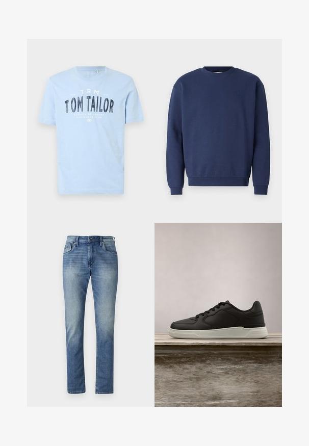 Marineblaues Sweatshirt aus weichem Stoff, mit rundem Ausschnitt und gerippten Bündchen. Enthält ein dezentes Logo auf der Brust.; Hellblaues Baumwoll-T-Shirt mit rundem Ausschnitt und kurzen Ärmeln. Es hat fettgedruckten, schwarzen Text: "TOM TAILOR" und weitere Branding-Details.; Helle blaue Jeans im geraden Schnitt, mit fünf Taschen und einer ausgewaschenen Optik. Mit Knopfverschluss und Gürtelschlaufen.; Schwarzer Sneaker mit weißer Sohle, der über einer hölzernen Bank schwebt, mit grünen Blättern im unscharfen Hintergrund.