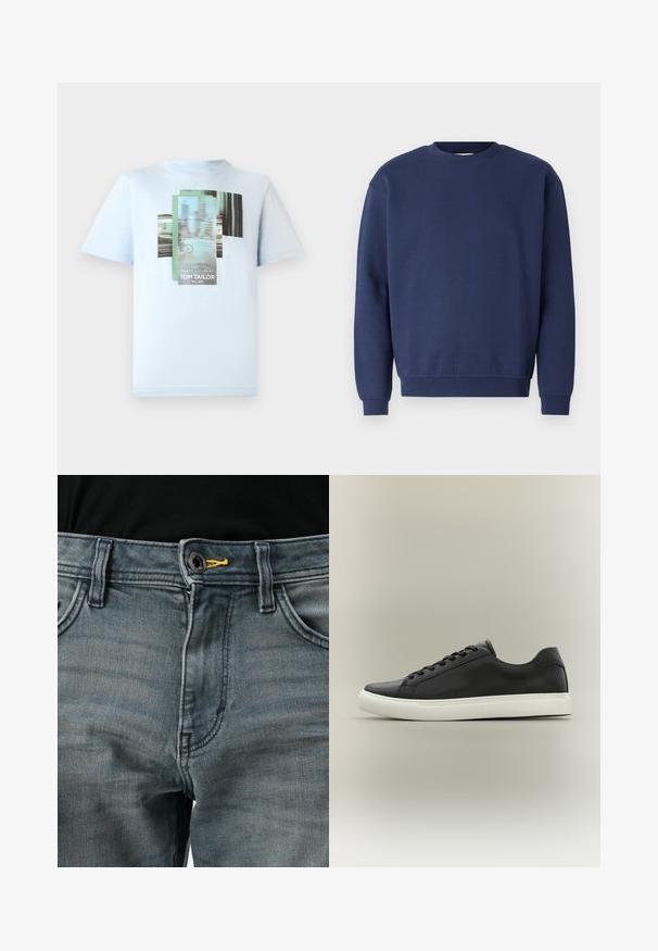 Sudadera azul marino de tela suave, con un escote redondo y puños acanalados. Incluye un logo sutil en el pecho.; TOM TAILOR Camiseta estampada - light metal blue; Jeans de mezclilla azul desgastados con cierre de botón, acento amarillo en la cintura y diseño clásico de cinco bolsillos. La textura parece suave y usada.; Zapatilla negra de perfil bajo con suela de caucho blanca y cordones negros, mostrada de perfil contra un fondo neutral.