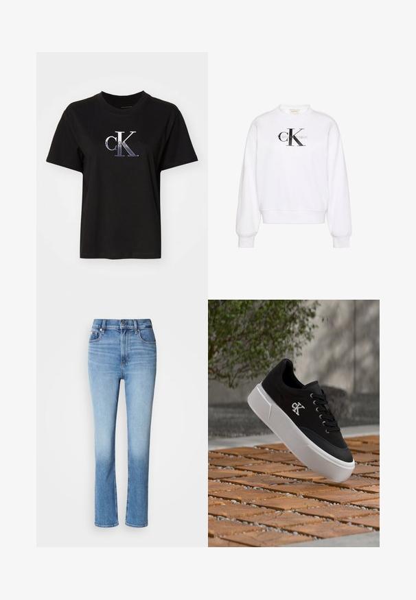 Hvid sweatshirt med rund hals, lange ærmer, ribstrikkede manchetter og kant. Har et stort sort 'CK'-logo på fronten og blød tekstur.; Sort bomulds T-shirt med rund hals. Har et sølv broderet "cK" logo og teksten "Calvin Klein Jeans" under logoet. Korte ærmer.; Blå denimjeans med høj talje, lige ben-design, falmede farvegradient og fem-lomme stil. Metalknap- og lynlås-lukning.; Sort sneaker med hvidt "CK"-logo på siden, tyk hvid sål og sorte snørebånd, placeret oven på et gulv af træfliser og småsten udendørs.