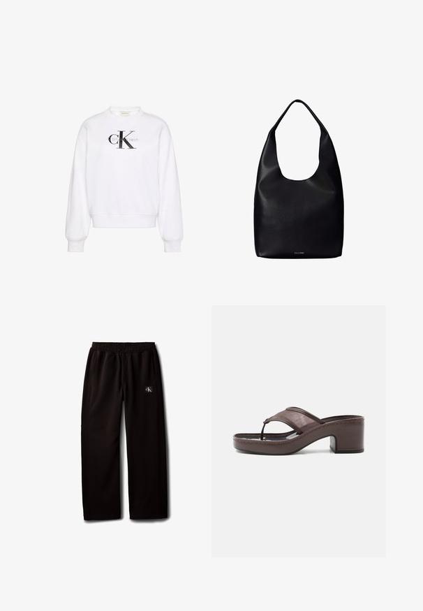 Hvid sweatshirt med rund hals, lange ærmer, ribstrikkede manchetter og kant. Har et stort sort 'CK'-logo på fronten og blød tekstur.; Sorte vidde bukser med elastisk taljebånd og sidelommer, med en lille Calvin Klein-logo patch på højre lår.; Brun sandal med hæl med mesh-rem og tæst design, med blokhæl og syet sål, vist i profil mod hvid baggrund.; Sort læder shoppertaske med en bred enkelt skulderrem og et subtilt Calvin Klein-logo nederst i midten.