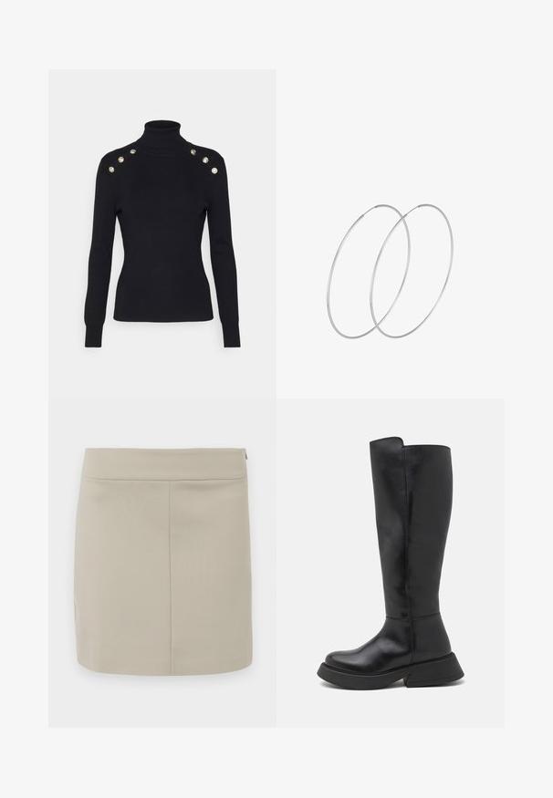 Morgan MIBO - Trui - noir; Beige minirok gemaakt van zachte stof, met een rechte snit, eenvoudig ontwerp en een verborgen ritssluiting aan de zijkant.; Bianco BIAHAILEY KNEE HIGH BOOT - Laarzen - black; Zilveren hoepel oorbellen met een minimalistisch ontwerp. Cirkelvormig, gladde textuur en dun profiel. Lichtgewicht met een gepolijste afwerking.