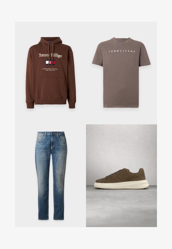 Brun Tommy Hilfiger hættetrøje med forlomme, hætte med snøre, logo og teksten "Established MCMLXXXV New York City" på brystet.; Brun T-shirt med korte ærmer lavet af bomuld med "TOMMY JEANS" logo i hvid på brystet, rund halsudskæring og standard pasform.; Blå straight-leg denim jeans med lommer foran og bagpå, knaplukning og diskrete falmede vaskedetaljer.; Brune ruskinds sneakers med en cremet gummisål, flade snørebånd og et logo på siden. Letvægtsdesign og glat tekstur.