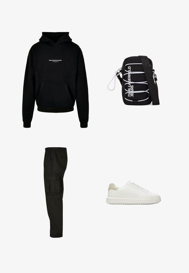 Zwarte hoodie van katoen, met een voorzak, geribbelde manchetten en een witte "METAMORPHOSIS" logo op de borst.; Zwarte cargobroek met een relaxte pasvorm, elastische tailleband, zijzakken en een grote cargozak op de dij. Zacht, lichtgewicht stof.; Witte sneakers van glad leer met een gestructureerde beige hielaccent, voorzien van ronde veters, een laag profiel ontwerp en een rubberen buitenzool.; Zwarte crossbodytas met witte elastische koorden, zilveren hardware en de tekst "KARL LAGERFELD JEANS" in het wit aan de voorkant, voorzien van een brede zwarte band.