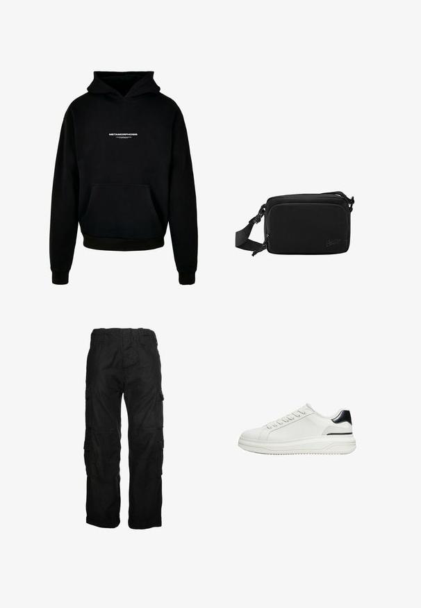 Haut à capuche noir en coton, doté d'une poche frontale, de poignets côtelés et d'un logo blanc "METAMORPHOSIS" sur la poitrine.; Pantalons cargo noirs en coton, avec plusieurs poches latérales, une taille élastique et une coupe décontractée. Texture lisse avec des détails de couture.; Basket basses blanches avec lacets à l’avant et détail noir au talon sur une semelle épaisse, vues de côté sur fond blanc.; Petit sac bandoulière rectangulaire noir avec poche zippée à l’avant et bandoulière large réglable.