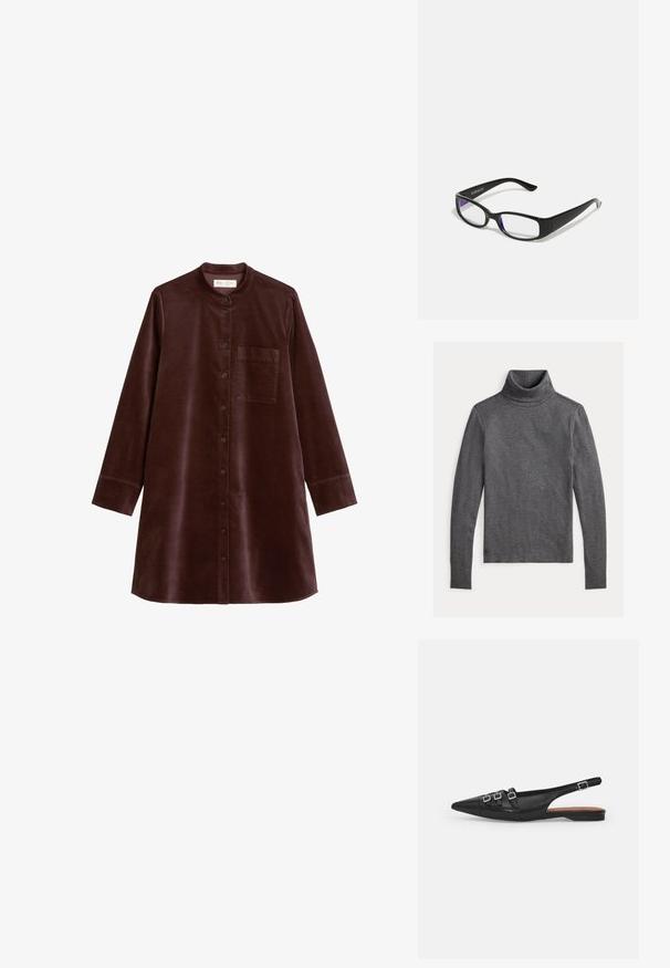 Donkergrijze gebreide coltrui met lange mouwen en een slim fit, plat uitgestald op een lichte achtergrond.; Lange mouwen, knoopsluiting jurk in donker bordeauxvelours. Heeft een mandarin collar en één borstzak. Strakke textuur en ontspannen pasvorm.; Zwarte leren slingback ballerina met spitse neus, voorzien van twee horizontale bandjes en vierkante zilveren gespen, lage hak en een gladde textuur.; Zwarte rechthoekige bril met heldere glazen. Glanzende afwerking, smalle veren en paarse tint zichtbaar aan de randen van de glazen.