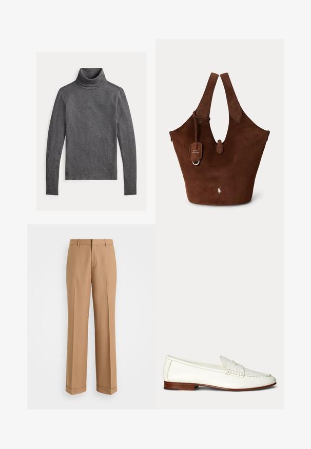 Jersey de cuello alto de punto gris oscuro con mangas largas y ajuste ceñido, presentado plano sobre un fondo claro.; Pantalones beige ajustados con un diseño de pierna recta, confeccionados en una tela suave, con pliegue frontal y dobladillos enrollados en el bajo.; Mocasín blanco de piel sin cordones con un tacón bajo marrón y detalles cosidos en la parte superior y los lados.; Bolso tote de ante marrón con asas anchas, cierre frontal de botón y pequeño logo de Polo Ralph Lauren cerca del centro inferior.