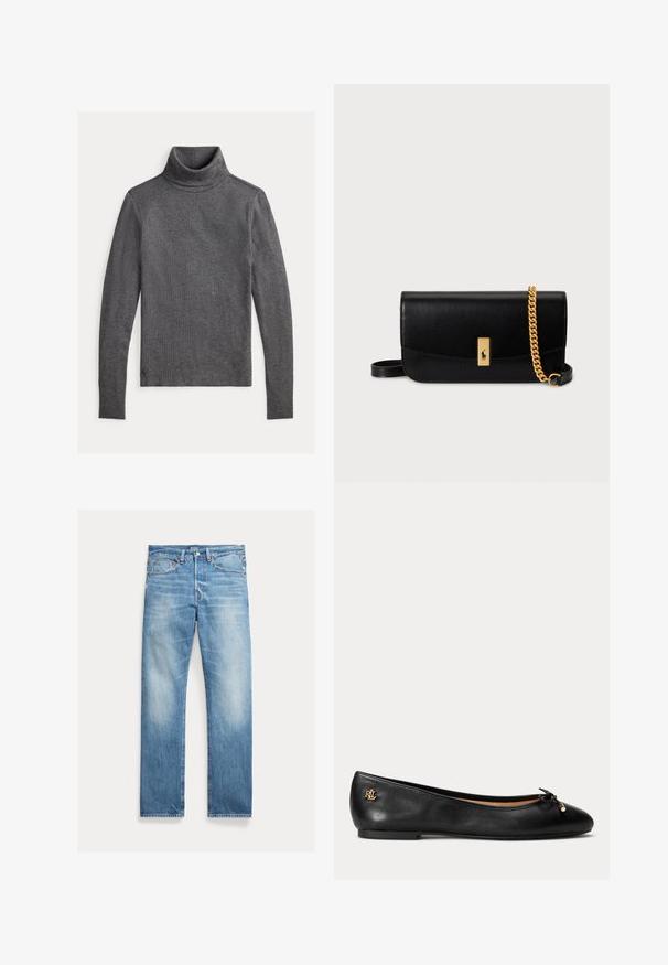 Donkergrijze gebreide coltrui met lange mouwen en een slim fit, plat uitgestald op een lichte achtergrond.; Lichtblauwe straight-leg spijkerbroek met lichte vervaging, vijfzakkenontwerp en een zichtbaar Polo merklabel op de tailleband.; Zwarte leren ballerina met kleine strik en gouden logodetail op de hiel, platte zool en afgeronde neus.; Zwarte leren crossbodytas met een gouden kettingriem, rechthoekige vorm, magnetische sluiting en een gouden logo-accent aan de voorkant.