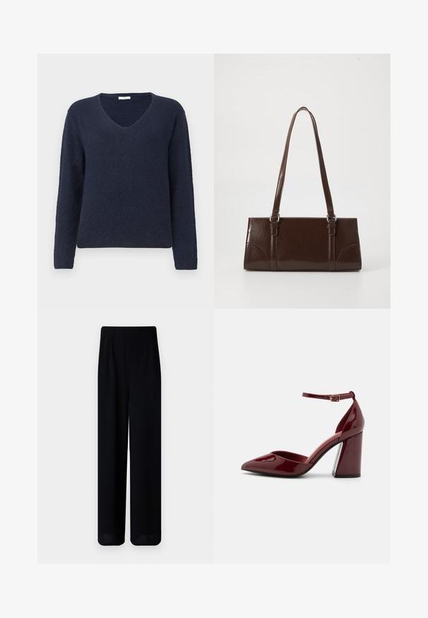 Dunkelblaues, geripptes Strickpullover mit langen Ärmeln und V-Ausschnitt, auf einem schlichten hellen Hintergrund präsentiert.; Vero Moda Petite VMLIVA SUPER WIDE PANTS - Stoffhose - black; Burgunderrote Lackleder-Pumps mit Absatz, spitz zulaufender Zehenpartie, Knöchelriemen und blockartigem Absatz. Glatte Textur und elegantes Design.; Braune Lackleder-Handtasche in rechteckiger Form, mit zwei langen Griffen und subtilen, geschwungenen Akzenten auf der Vorderseite.