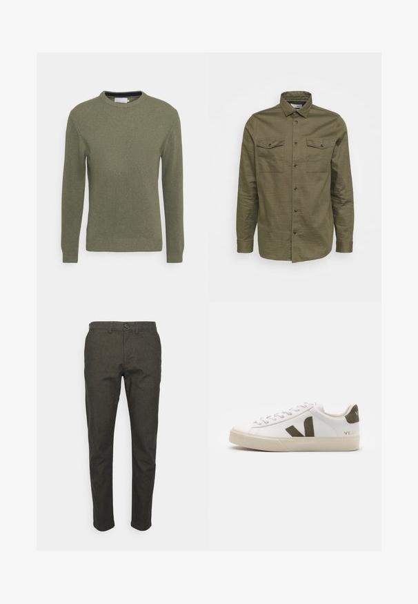 Grøn crew-neck sweater lavet af et tekstureret strikkemateriale. Har lange ærmer samt ribbede manchetter og kant. Simpelt, udekoreret design.; Olivengrøn langærmet skjorte lavet af struktureret stof, med to brystlommer, knaplukning og et traditionelt kravedesign.; Selected Chinos 175 Slim-fit brushed - Bukser - forest night; Hvide læder sneakers med en lys beige gummisål. Har en brun ruskinds V-logo og hælflap. Snørret lukning med en struktureret overflade.