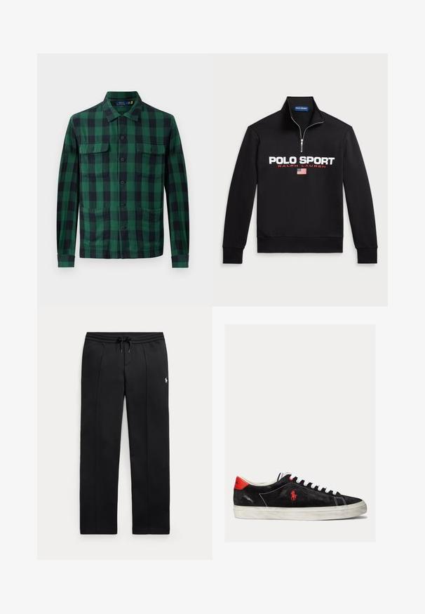 Sort zip-neck sweatshirt lavet af blødt stof med et stort hvidt "POLO SPORT" logo, røde detaljer og et lille amerikansk flag grafik.; Grøn- og sortternet skjorte lavet af stof med knaplukning foran, to brystlommer og lange ærmer med knapmanchetter.; Svarte sweatpants med lige ben, snøre i taljen og lille hvidt logo på venstre lår, vist fladt på lys baggrund.; Sorte ruskind sneakers med hvide snørebånd, røde accenter på hælen og et lille rødt logo. Har en flad gummisål og enkel syning.