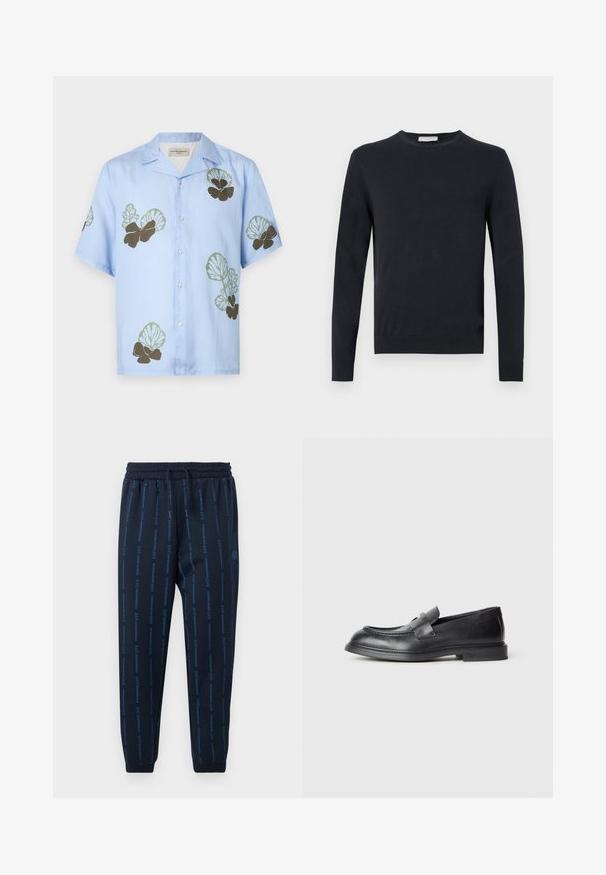 Schwarzer Pullover mit Rundhalsausschnitt und langen Ärmeln, gerippten Bündchen und Saum, vor weißem Hintergrund dargestellt.; Kurzarmhemd aus hellblauem Stoff mit grünen und dunkelbraunen Blumenmustern. Klassischer Kragen mit Knöpfen an der Vorderseite.; Marineblaue Jogginghose mit elastischem Bund und Bündchen, mit vertikalem hellblauem "EA7 Emporio Armani" Schriftzugmuster.; Schwarze Lederloafer mit strukturierter Oberfläche, versehen mit einem dekorativen Frontriemen und einer abgerundeten Spitze. Gummisohle für Langlebigkeit.