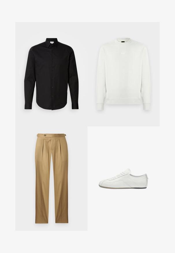 Hvid langærmet crewneck-sweatshirt med ribbede manchetter og kant, med lille centreret "BOSS"-logo på brystet.; Sort langærmet skjorte med knapper, lavet af glat bomuldsstof. Har en klassisk krave, frontknapper og en buet nederkant.; Beige bukser med lige pasform, der har læg, knaplukning og bæltestropper. Glat stof med et rent, skræddersyet udseende.; Hvid lavtop lædersneaker med snørelukning foran, diskrete syningsdetaljer og en flad, tynd sål vist i sideprofil.