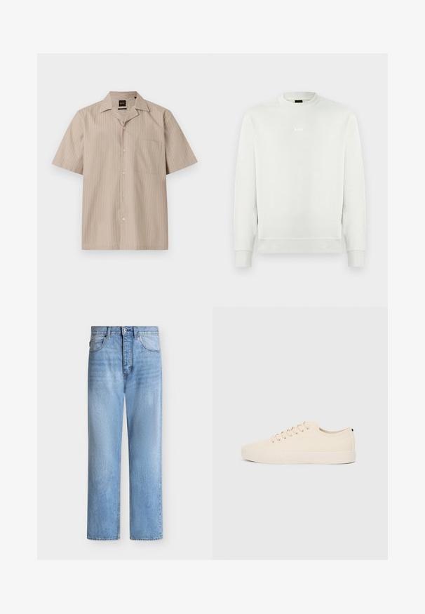 Sweat-shirt blanc à manches longues avec col rond, poignets et ourlet côtelés, arborant un petit logo "BOSS" centré sur la poitrine.; Chemise beige à manches courtes avec boutons, fines rayures verticales discrètes, une poche poitrine et un col décontracté.; Jean droit en denim bleu clair avec fermeture par bouton et zip, poches avant et arrière, et passants de ceinture à la taille.; Baskets en toile beige avec bout arrondi, semelle en caoutchouc plate et lacets à l'avant. Présente un design minimaliste et un accent noir contrastant au niveau du talon.