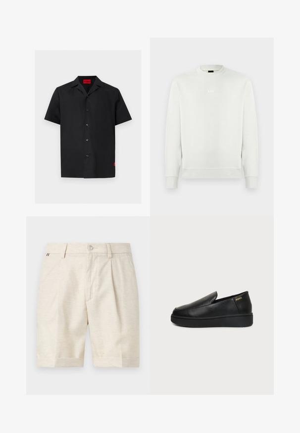 Sweat-shirt blanc à manches longues avec col rond, poignets et ourlet côtelés, arborant un petit logo "BOSS" centré sur la poitrine.; Chemise noire à manches courtes avec boutons, col camp et une étiquette rouge « HUGO » à l'intérieur de l'encolure ainsi qu'une petite étiquette rouge sur le bas côté.; Shorts beige sur mesure longueur genou avec fermeture par boutons, passants de ceinture et plis subtils à l'avant sur fond uni.; Chaussure noire en cuir à enfiler avec semelle épaisse et petits trous de ventilation latéraux, avec un logo doré "HUGO" près du talon.