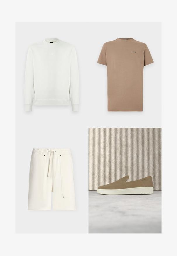 Sweat-shirt blanc à manches longues avec col rond, poignets et ourlet côtelés, arborant un petit logo "BOSS" centré sur la poitrine.; T-shirt beige à manches courtes en coton doux, doté d'un col rond et d'un discret logo noir "BOSS" sur la poitrine gauche.; Shorts taille élastique de couleur blanc cassé avec cordon à l'avant et grandes poches plaquées maintenues par de petites rivets métalliques.; Chaussure beige sans lacets avec semelle blanche, présentée en suspension sur un tapis clair avec un mobilier transparent de couleur ambre en arrière-plan.