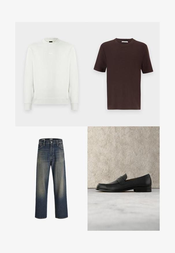Hvid langærmet crewneck-sweatshirt med ribbede manchetter og kant, med lille centreret "BOSS"-logo på brystet.; En ensfarvet mørkebrun t-shirt med korte ærmer og rund hals, præsenteret på en hvid baggrund.; Bredde ben jeans i mørkeblå denim med en gradient finish, der har en knaplukning, fem lomme-design og strukturerede syninger.; Sort lædersko i loafer-stil svæver over et beige tæppe med et blankt brunt rundt bord i baggrunden.