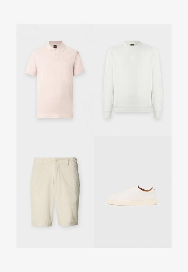 Sweat-shirt blanc à manches longues avec col rond, poignets et ourlet côtelés, arborant un petit logo "BOSS" centré sur la poitrine.; Polo rose clair à manches courtes avec deux boutons, un col et un logo "BOSS" discret sur la poitrine gauche.; Shorts beige mi-longueur avec fermeture à bouton, bandes élastiques latérales à la taille, passants pour ceinture et poches latérales sur fond uni.; Baskets blanches basses avec un design à lacets, des détails de couture minimalistes, et une semelle couleur crème sur un fond gris clair.
