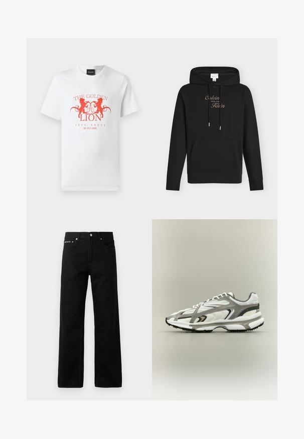 Sudadera negra Calvin Klein con bolsillo frontal tipo canguro, capucha con cordón ajustable y nombre de la marca bordado en dorado en el pecho.; Camiseta de algodón blanca con un estampado gráfico rojo de dos leones y el texto "THE GOLDEN LION FREE HOUSE" en un diseño circular. Mangas cortas.; Jeans de mezclilla negra con un diseño de pierna recta, cinco bolsillos y una etiqueta de logo en la parte delantera, con herrajes metálicos y una textura suave.; Zapatilla deportiva con una parte superior de malla blanca, acentos grises, suela de goma negra y un diseño aerodinámico. Presenta cordones y detalles texturizados.