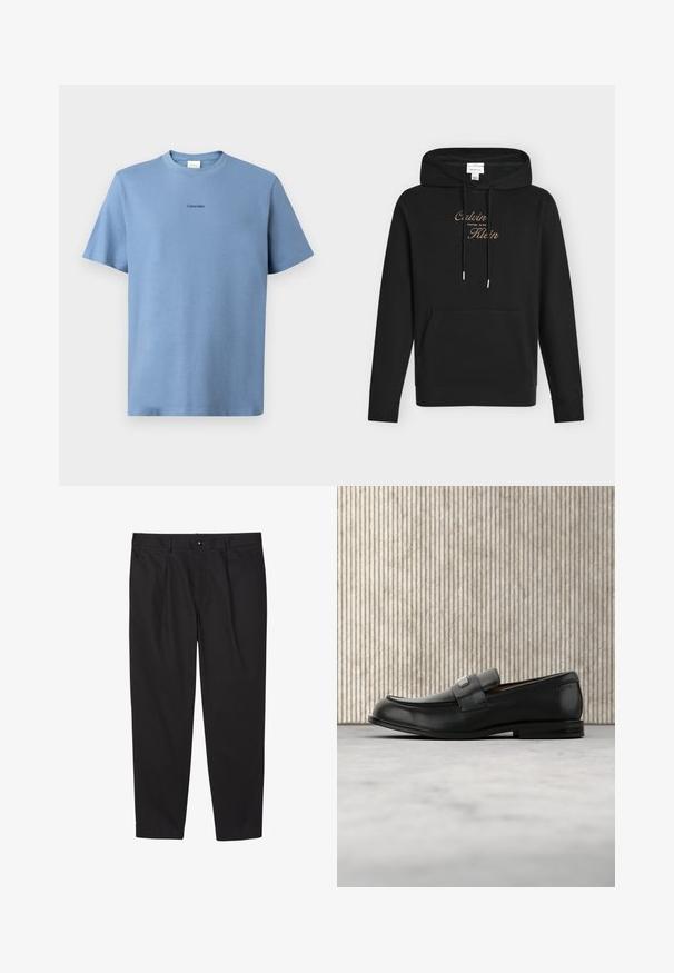 Μαύρο φούτερ Calvin Klein με μπροστινή τσέπη, ρυθμιζόμενο σκουφί με κορδόνι και χρυσή κεντημένη επωνυμία στην περιοχή του στήθους.; Γαλάζιο βαμβακερό μπλουζάκι με κοντά μανίκια, στρογγυλή λαιμόκοψη και διακριτό λογότυπο "Calvin Klein" σε μαύρο χρώμα στην μπροστινή πλευρά. Λειαφή υφής.; Μαύρο παντελόνι προσαρμοσμένης ραφής με θηλιές για ζώνη, εμπρόσθιο κούμπωμα με κουμπί, πλαϊνές τσέπες και ίσια γραμμή, πάνω σε λευκό φόντο.; Μαύρο δερμάτινο μοκασίνι με μεταλλική πλάκα μάρκας που ακουμπά δίπλα σε καφέ στρογγυλό τραπέζι πάνω σε μπεζ χαλί.