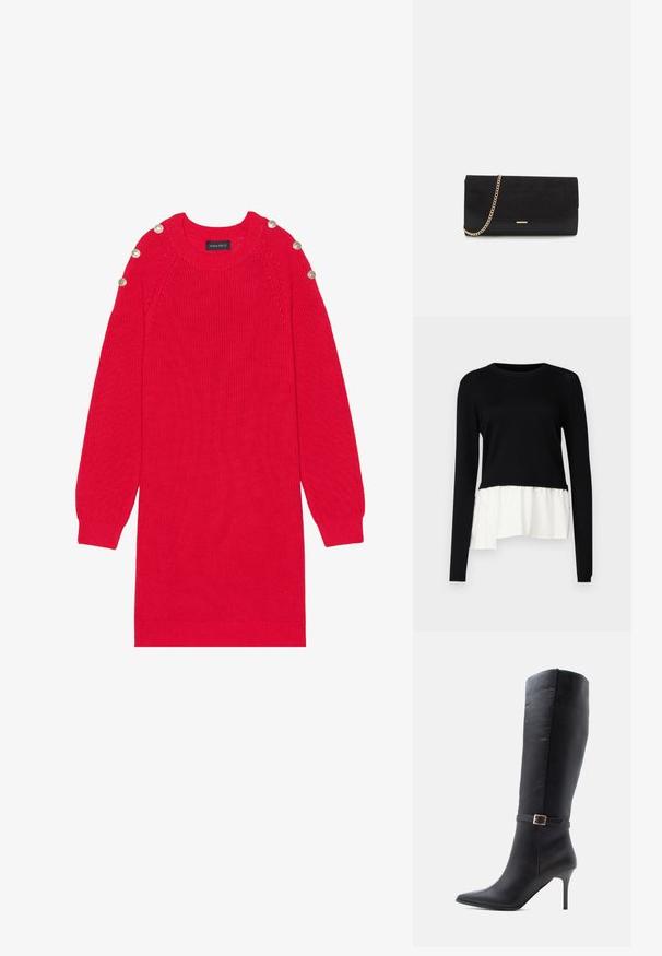 Haut noir à manches longues avec un ourlet volanté blanc contrastant, col rond et texture douce. Conçu avec une coupe décontractée.; Robe en tricot rouge avec des manches longues, des poignets côtelés et des boutons aux épaules. Elle possède un col rond et une coupe décontractée.; Botte noire en cuir, arrivant jusqu'au genou, avec un bout pointu, un talon aiguille et une sangle décorative avec une boucle dorée à la cheville.; Porte-monnaie noir en daim avec une finition texturée, doté d'une chaîne dorée et d'un design épuré et angulaire.