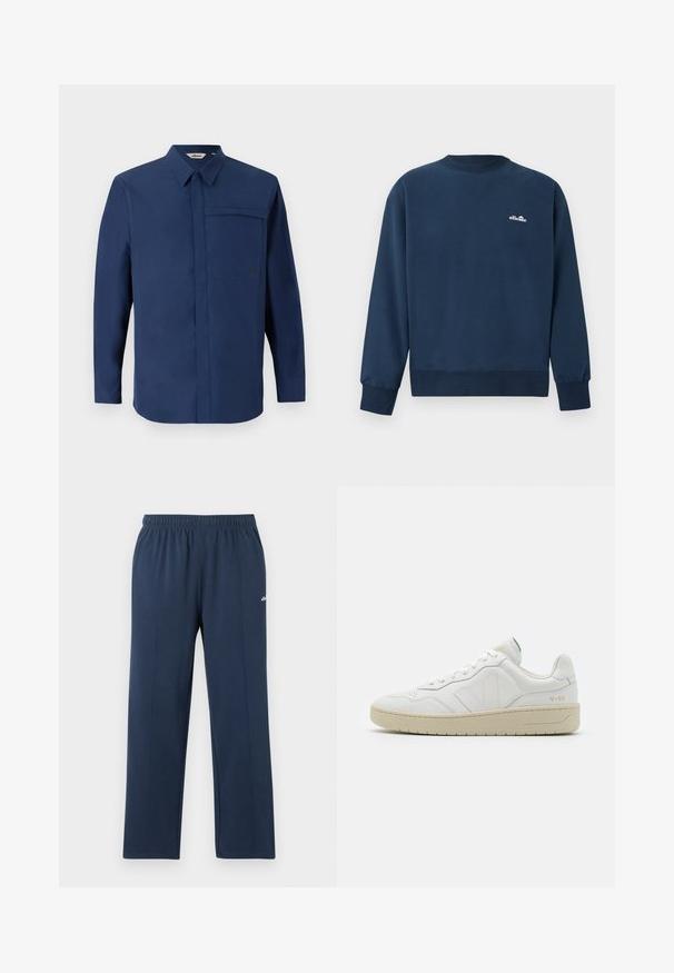 Marineblauwe crewneck-trui met lange mouwen en klein wit "ellesse" logo op de linkerborst.; Marineblauw overhemd met lange mouwen, een button-down kraag, een enkele borstzak en een schone, gladde textuur. Bevat een klein logo op de zak.; Navyblauwe sweatpants met rechte pijpen, een elastische tailleband en subtiele verticale naden, met een klein wit logo op het bovenbeen.; Witte leren sneakers met een gestructureerde afwerking en een gevoerde kraag. Voorzien van een beige rubberen zool en subtiele branding op de hiel en zijkant.