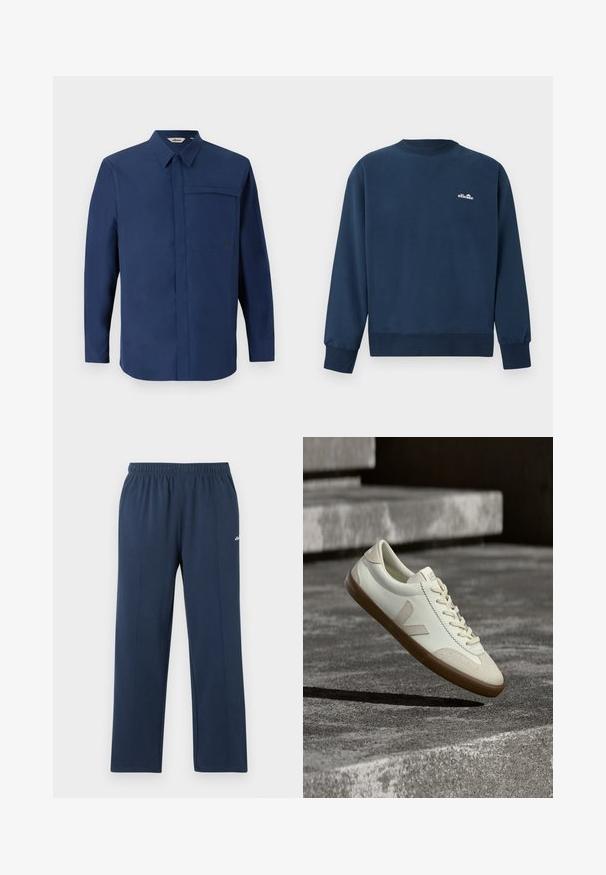 Sudadera azul marino con cuello redondo, mangas largas y pequeño logotipo blanco de "ellesse" en el pecho izquierdo.; Camisa de manga larga de color navy con cuello abotonado, un bolsillo en el pecho y una textura limpia y suave. Presenta un pequeño logotipo en el bolsillo.; Pantalones deportivos azul marino de corte recto con cintura elástica y costuras verticales sutiles, pequeño logo blanco en el muslo superior.; Zapatillas blancas de cuero con suela de goma color beige, cordones planos y un acento en forma de V en el costado. Presentan una superficie lisa y detalles mínimos de costura.