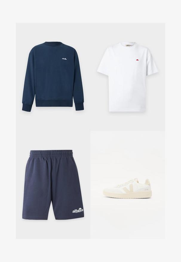 Sweat-shirt bleu marine à col rond avec manches longues et petit logo blanc "ellesse" sur la poitrine gauche.; T-shirt blanc à manches courtes avec col rond, petit logo rouge sur le côté gauche de la poitrine et étiquette de la marque à l'intérieur du col.; Shorts décontractés bleu marine avec taille élastique et logo Ellesse blanc en bas à gauche de la jambe.; Sneaker blanche avec des accents beiges, présentant un dessus texturé, un bout rond et une semelle en caoutchouc épaisse. Le design inclut le logo V iconique et le branding.