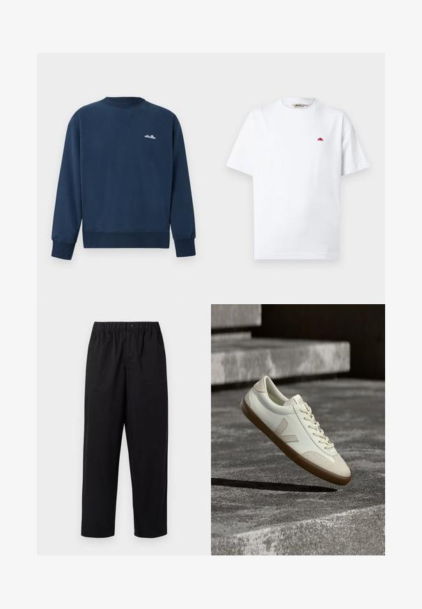 Sudadera azul marino con cuello redondo, mangas largas y pequeño logotipo blanco de "ellesse" en el pecho izquierdo.; Camiseta blanca de manga corta con cuello redondo, pequeño logo rojo en el pecho izquierdo y etiqueta de la marca dentro del cuello.; Pantalones negros de pierna ancha con cintura elástica y un solo botón. Fabricados con una tela suave y ligera. Dobladillo recto.; Zapatillas blancas de cuero con suela de goma color beige, cordones planos y un acento en forma de V en el costado. Presentan una superficie lisa y detalles mínimos de costura.