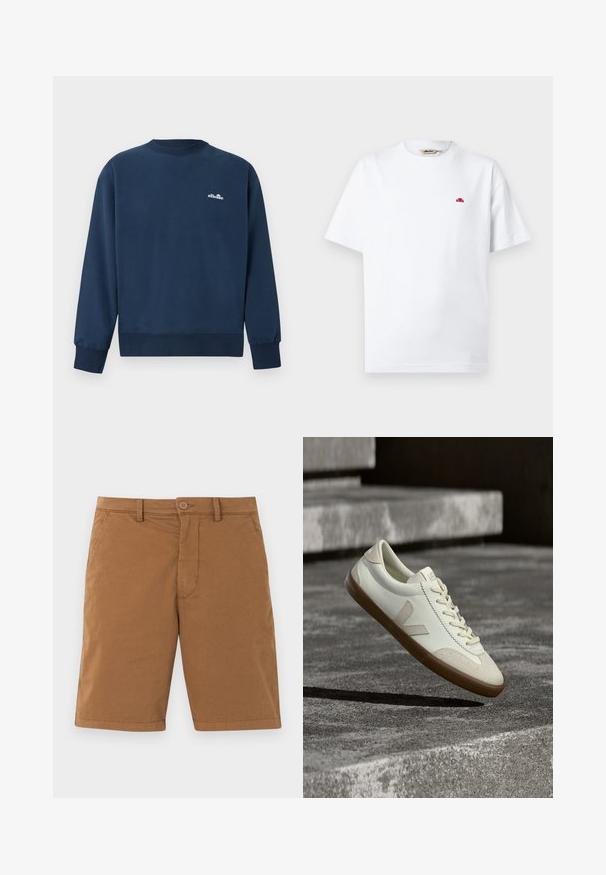 Sweat-shirt bleu marine à col rond avec manches longues et petit logo blanc "ellesse" sur la poitrine gauche.; T-shirt blanc à manches courtes avec col rond, petit logo rouge sur le côté gauche de la poitrine et étiquette de la marque à l'intérieur du col.; Shorts décontractés en coton marron avec passants de ceinture, poches latérales, fermeture par boutons et braguette zippée sur fond clair.; Baskets en cuir blanc avec semelle en caoutchouc beige, lacets plats et accent en forme de V sur le côté. Présentent une surface lisse et peu de détails de couture.