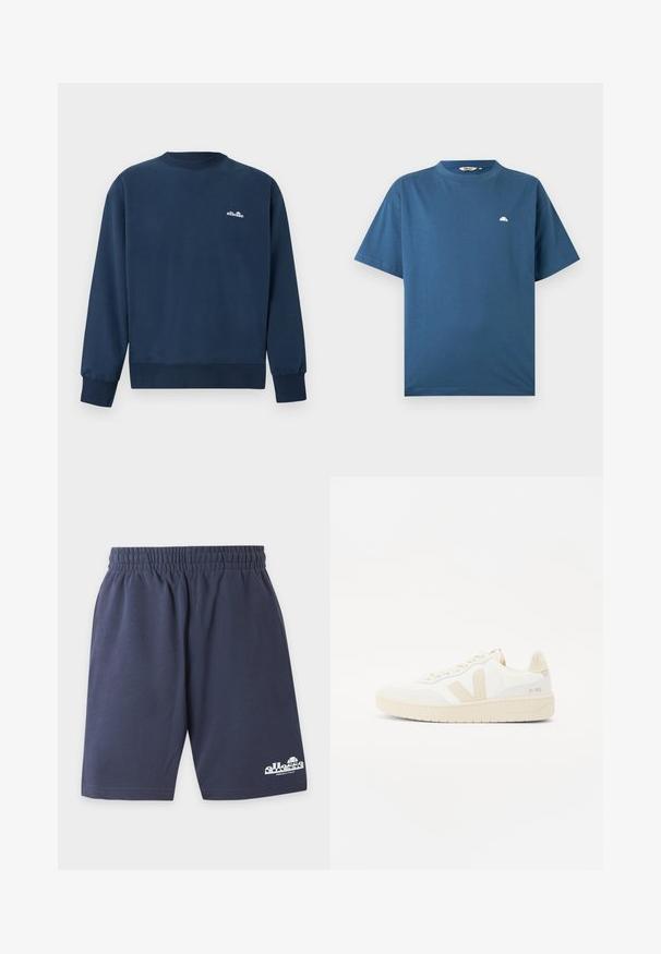 Sweat-shirt bleu marine à col rond avec manches longues et petit logo blanc "ellesse" sur la poitrine gauche.; T-shirt bleu à manches courtes et col rond avec un petit logo blanc en demi-cercle sur le côté gauche de la poitrine, présenté à plat sur un fond gris clair.; Shorts décontractés bleu marine avec taille élastique et logo Ellesse blanc en bas à gauche de la jambe.; Sneaker blanche avec des accents beiges, présentant un dessus texturé, un bout rond et une semelle en caoutchouc épaisse. Le design inclut le logo V iconique et le branding.